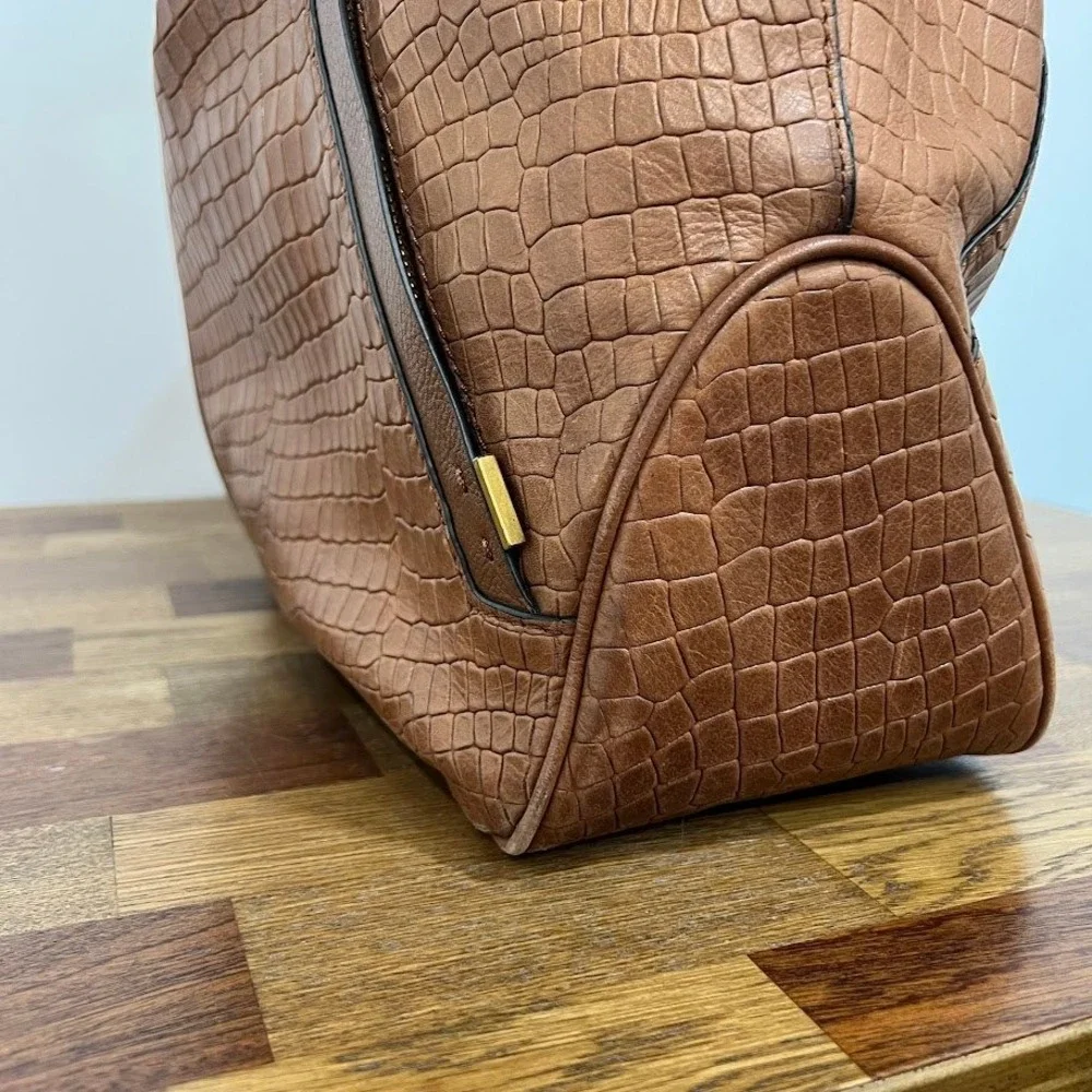 Tahari Crocodile Embossed Leather Hobo Bag Large Cognac Tote Gold Hardware Boho